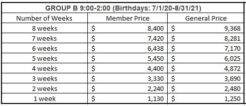 group b camp pricing